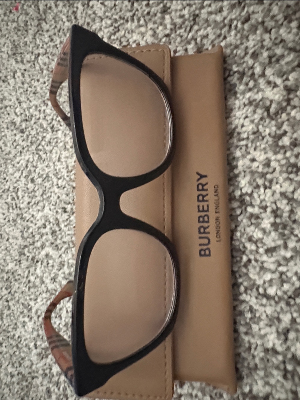 Burberry Black Frame Glasses with Beige Check Temples